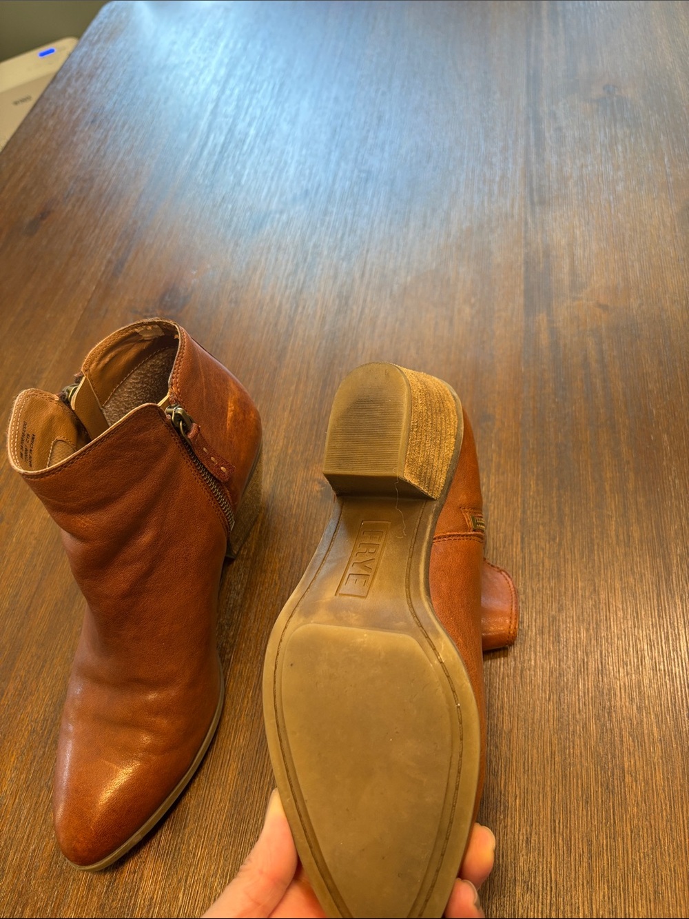 Frye Cognac Leather Ankle Booties with Stacked Heel - Picture 3 of 6